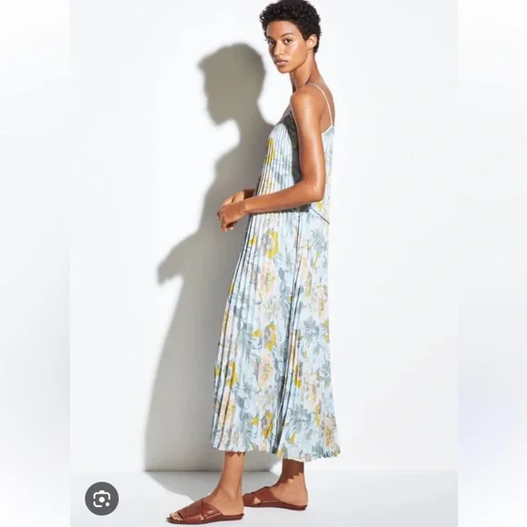 Vince Floral Pleated Midi Dress - Blue and Yellow - Picture 3 of 11
